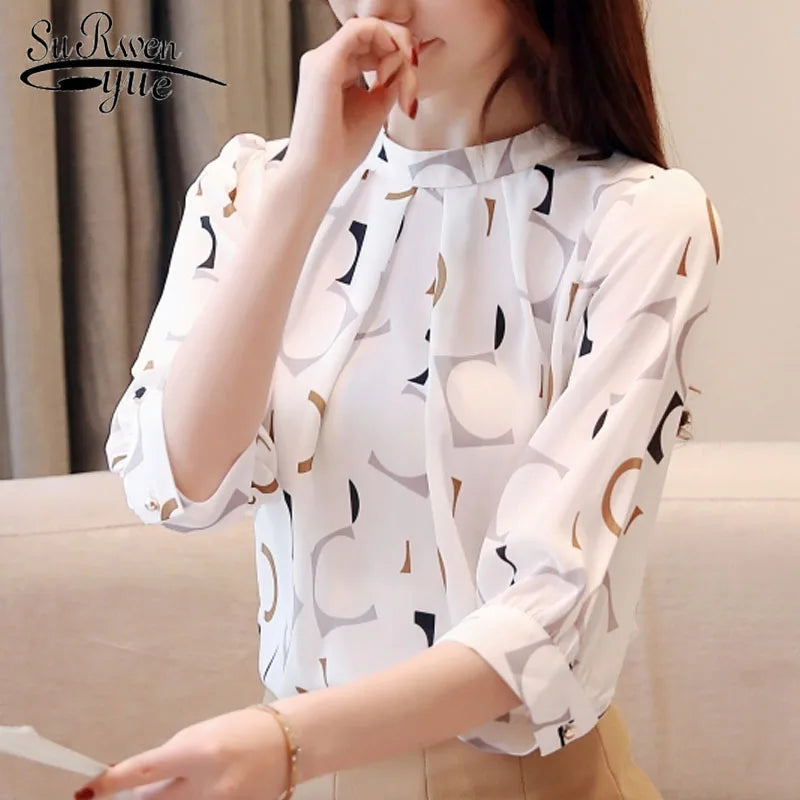 Fashion Women's Clothing Summer Printed Chiffon Blouse Casual Puff Half Sleeve Office Shirt Korean Stand Collar Tops Blusas 2480