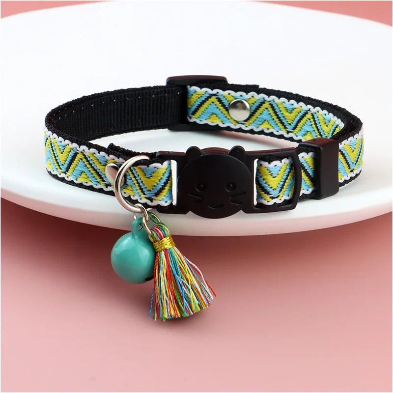 Adjustable cat collar with tassels and bells embellished pet collar colorful plaid jacquard pattern for cat and dog collars