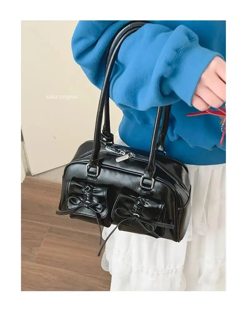 Xiuya Silver Pleated Womens Shoulder Bag Elegant Gentle Korean Fashion Leather Handbag Bow Sweet New Simple Ladies Boston Bag