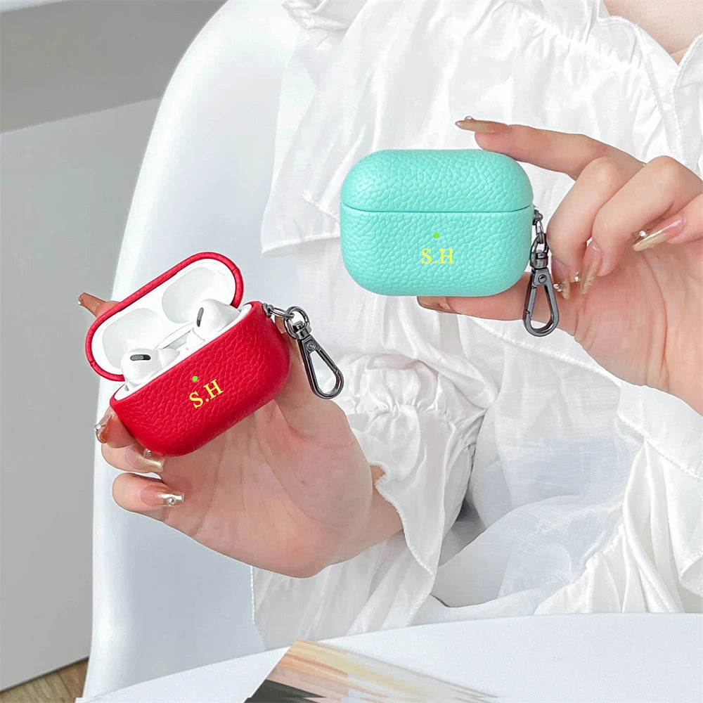 Personalized Initials Letters Customize Earphone DIY Case For Airpods 1 2 3 Pro 2 Luxury Lychee Skin Pattern With Keychain Cover