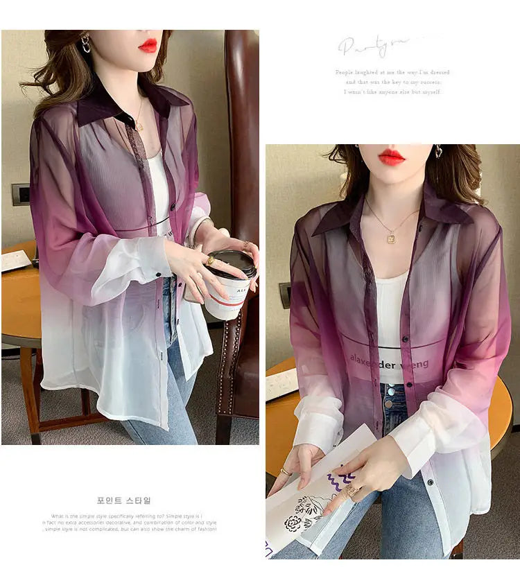 Shirts Women Gradient Loose Leisure Summer Sunscreen Lapel Thin Soft Designed Breathable Korean Fashion Clothing Office Lady New