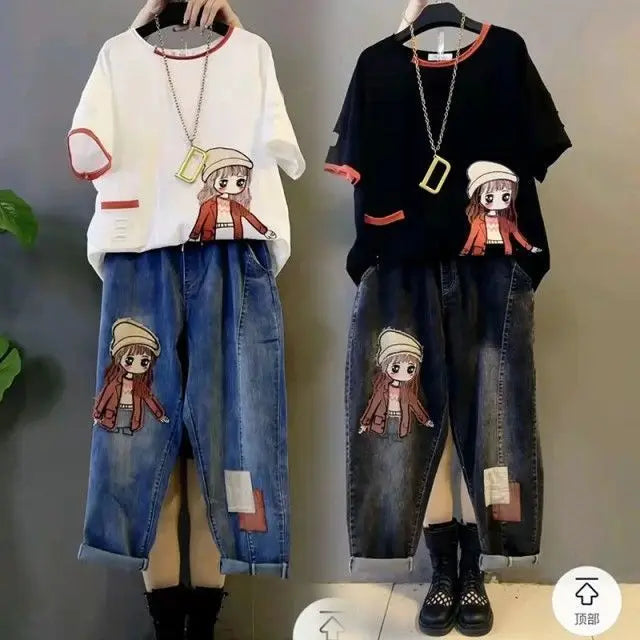 Age Reduction Suit Women's 2023 New Spring and Summer Slim Short Sleeve Top Casual Jeans Elegant Women's Two-piece Set