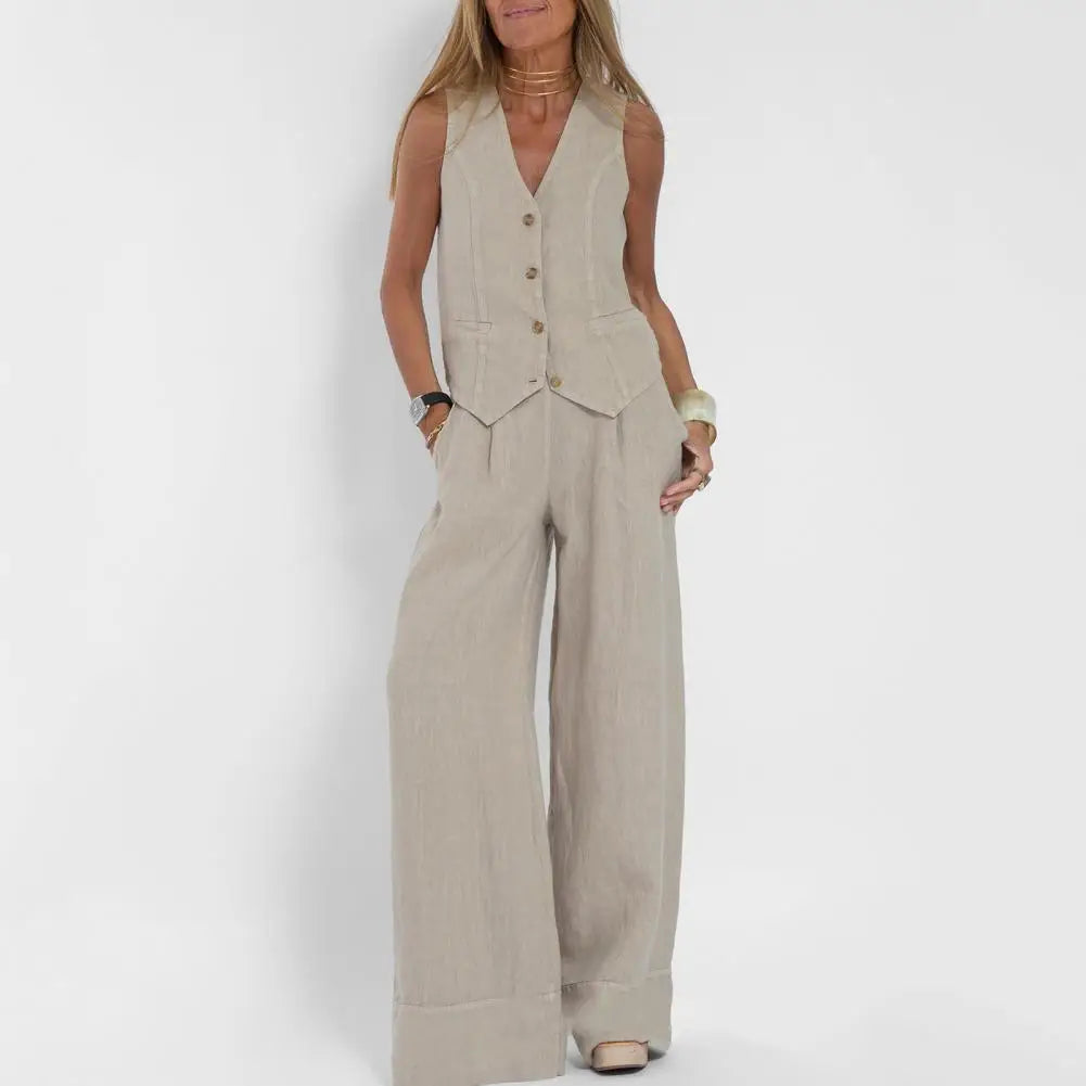 2 Piece Suit for Women Autumn Winter Suit Set Stylish Women's Cotton Linen Suit Sleeveless Vest Wide Leg Pants Set for Office