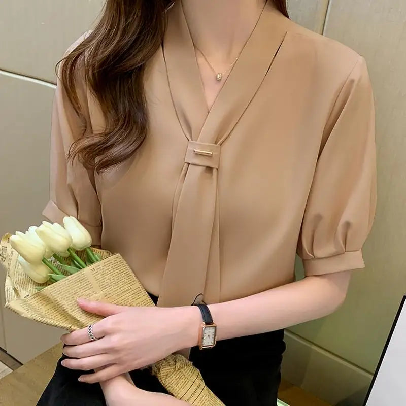 VONDA 2024 Summer Women Tops Fashion Casual Short Sleeve Chiffon Blouse Tie Shirts Loose Solid Color Tunic Blusas Femininas
