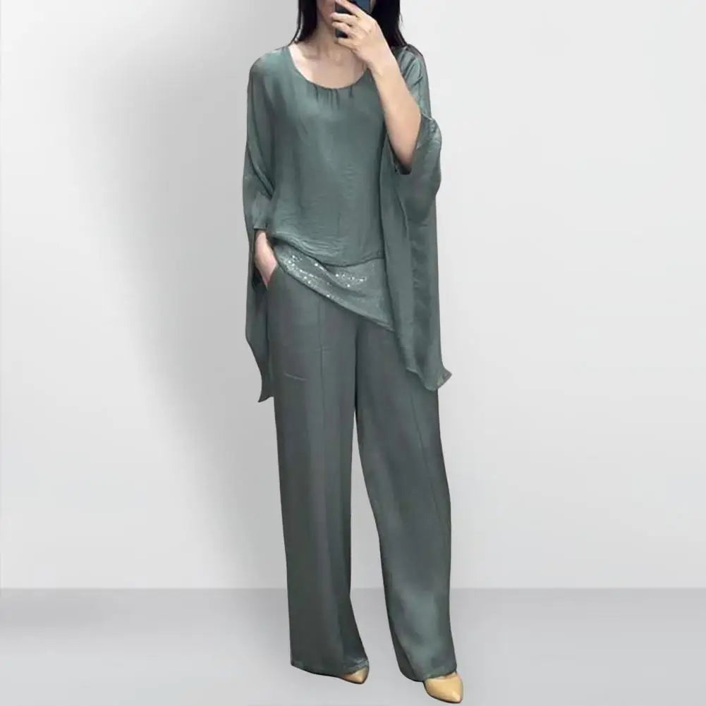 Fashionable Women Suit Stylish Women's Casual Suit with Wide Leg Pants Batwing Sleeve Top for Home Office Party Outfits Wide-leg