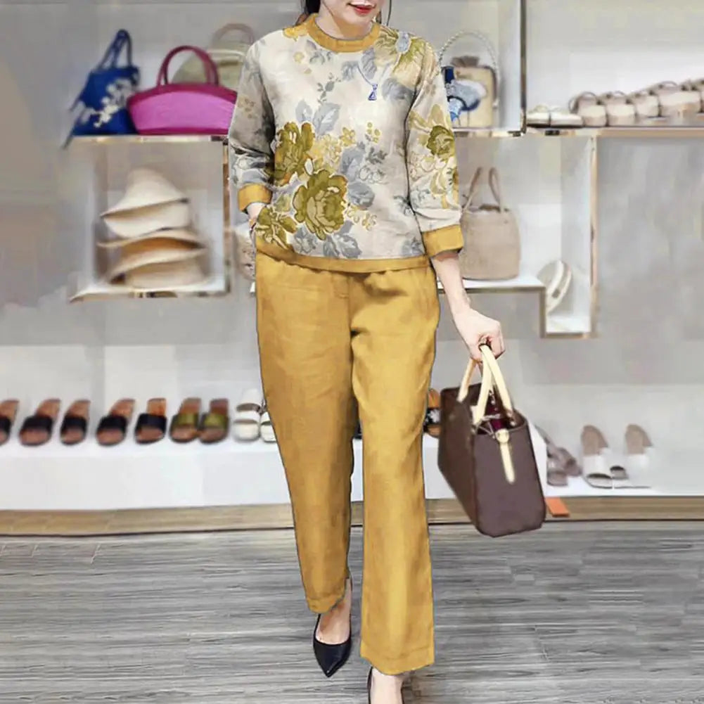 Loose Fit Women Casual Set Floral Print Women's T-shirt Pants Set with Wide Legs Pockets Stylish Spring/fall Suit for Female