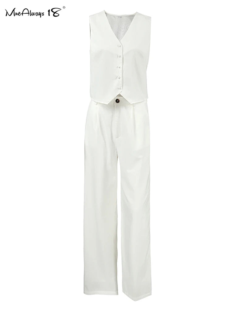 Mnealways18 White Cotton Pants Women's 2-Piece Set Clothing Linen Blazers Tops And Wide Leg Pants Elegant Women's Ensembles 2024