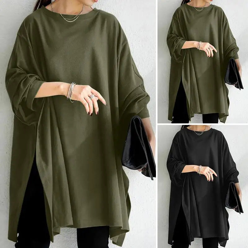 ZANZEA Fashion Split Hem Pullover Woman Casual Solid Sweatshirts Spring Long Sleeve O-Neck Tunic Tops Vintage Loose Hoodies 204