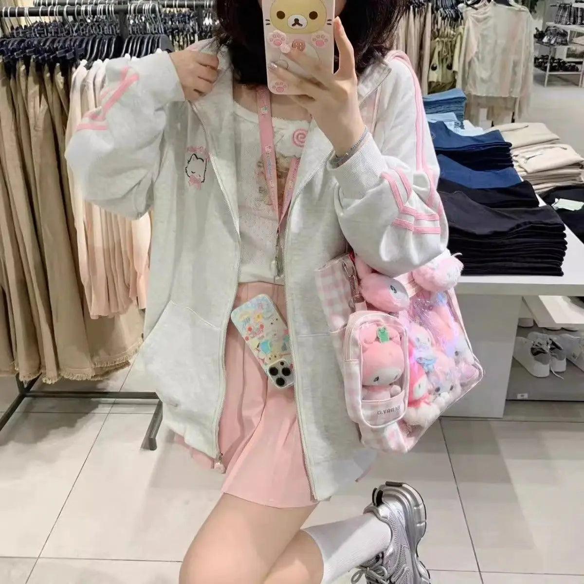 HOUZHOU Japanese Fashion Kawaii Zipper Hoodie Women Harajuku Cute Pink Cat Embroidery Oversized Hooded Sweatshirt Winter 2023