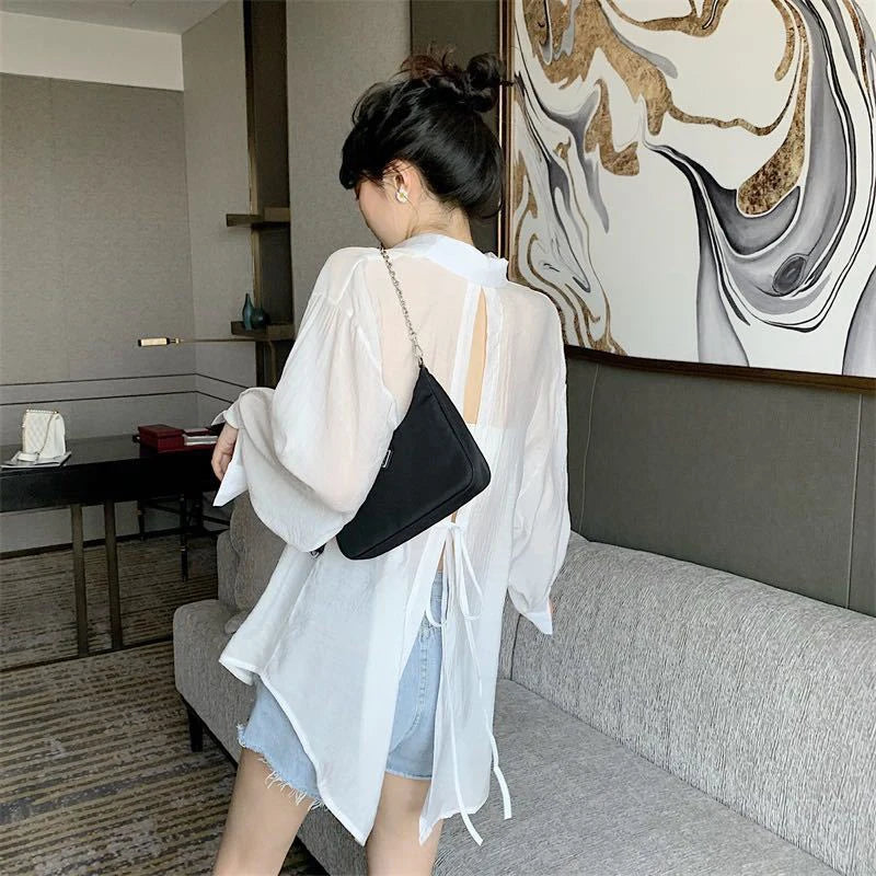 Summer Sun Protection Shirt Women Elegant Chic Loose Lace Up Blouses Korean Fashion Harajuku Long Sleeve Thin Tops Ladies New
