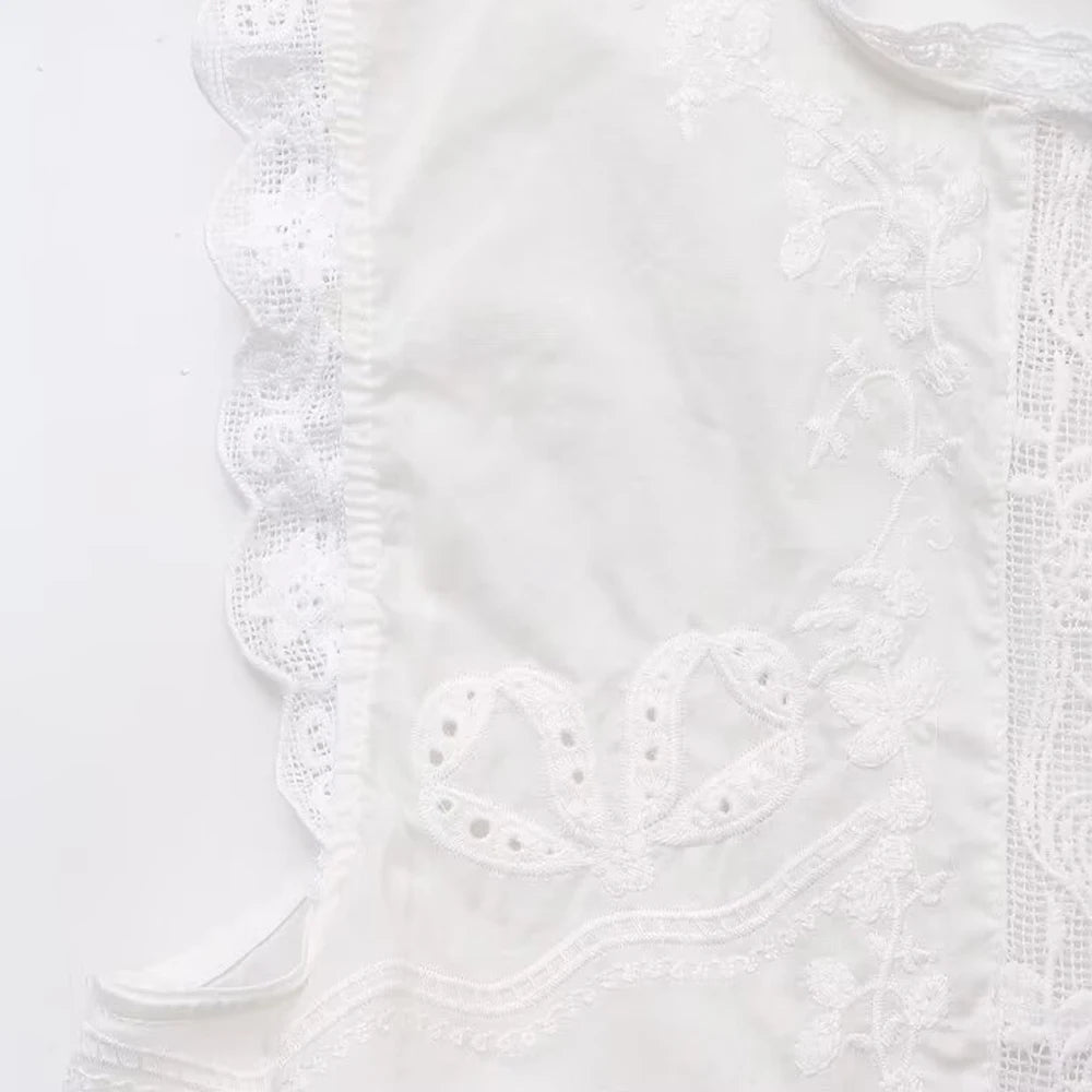 TRAF-Women's Lace Embroidery Blouses, O Neck, Sleeveless, Front Tied, Female Shirts, Chic Tops, Fashion