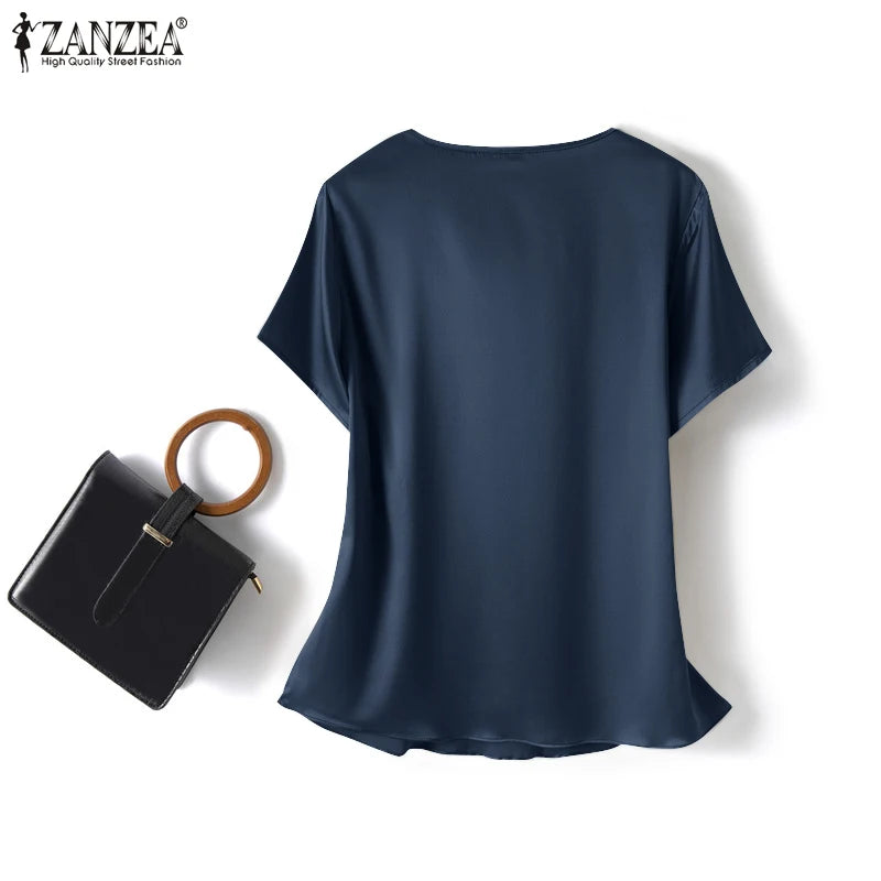 ZANZEA Women Short Sleeve Solid Shirt Summer Fashion Satin Blouse Female Casual OL Work Tunic Tops Elegant Loose Blsuas Oversize