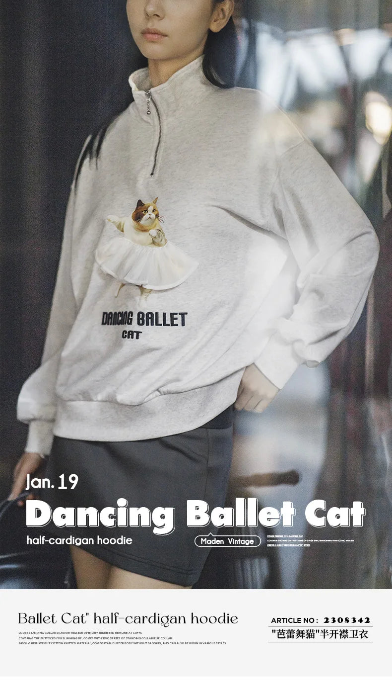 Maden Printed Ballet Cat Sweatshirts for Women Stand Collar Casual Sweater Gray Long Sleeve Pullover Autumn Gray Sweaters Top