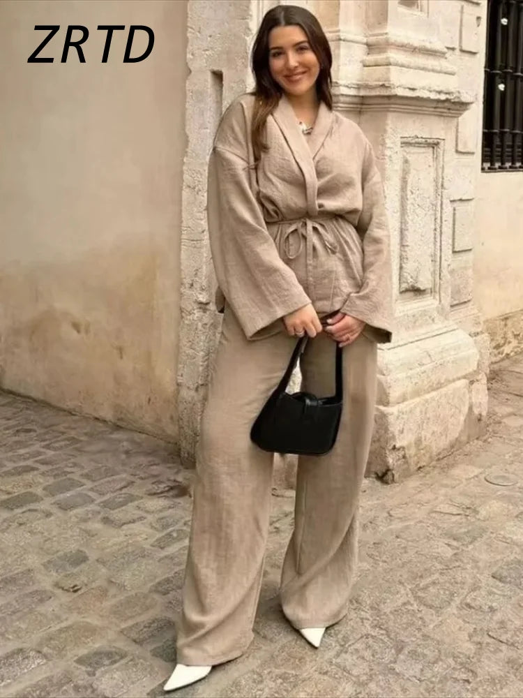Vintage Lace Up Pants Sets Women Loose Lapel Long Sleeve Shirts Wide Leg Trouser 2024 Spring Summer Women's 2-piece Pant Set New