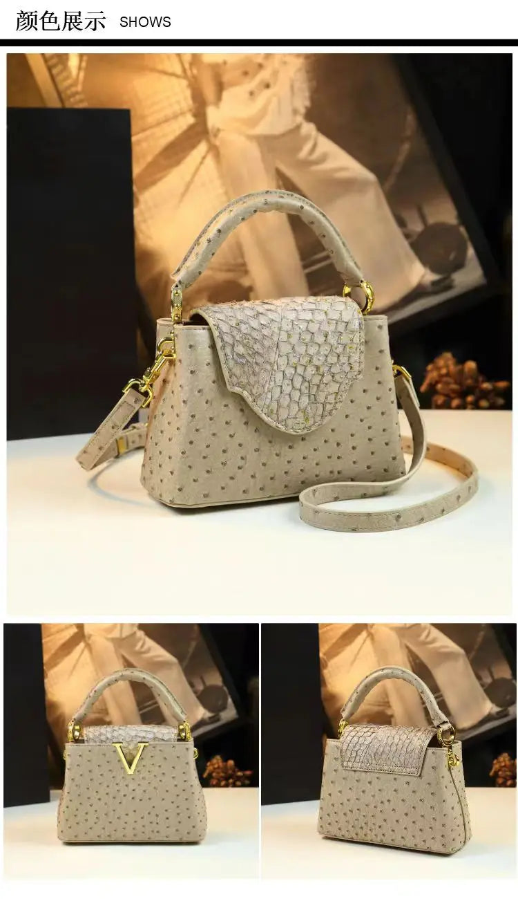 Fashion Luxury Leather Women's Handbags V Letter Small Shoulder Crossbody Bag Niche Ostrich Print Portable Messenger Shell Bags
