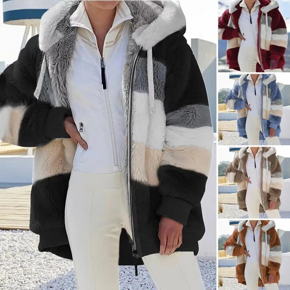Trendy Lady Autumn Jacket Fluffy Winter Coat Loose Plush Plus Size Lady Jacket Hooded