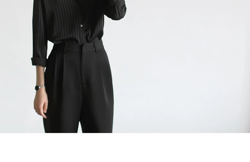MEXZT Vintage Black Striped Shirts Women Office Long Sleeve Loose Casual Blouses Lady Korean Fashion Elegant Chic All Match Tops