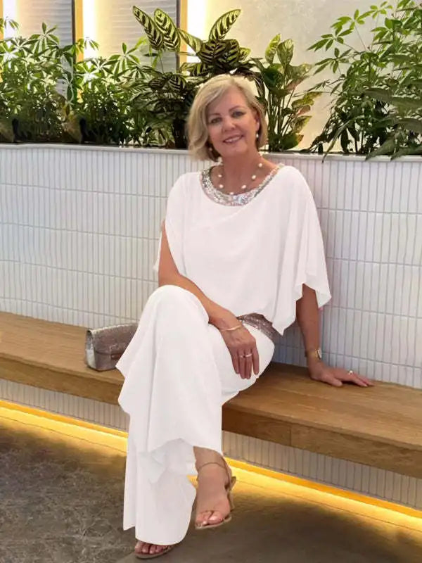 Fashion Sequin Splicing Chiffon Shirt Women's Bat Short Sleeved Suit Summer New Wide Leg Pants Elegant Female Office 2 Piece Set