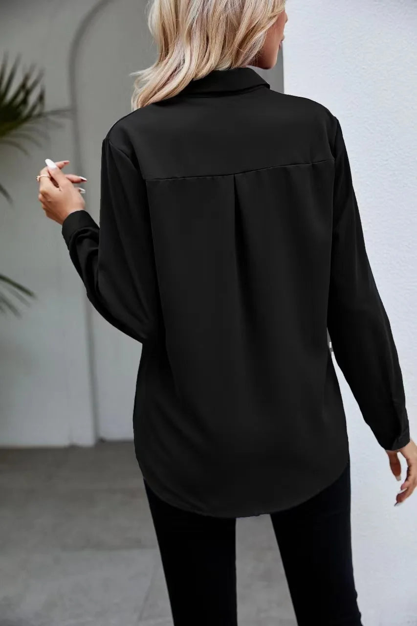Casual Chiffon Blouse Tops Spring Summer V Neck Long Sleeve Hide Button Loose OL Workwear Business Blouse Shirts ARJ-004
