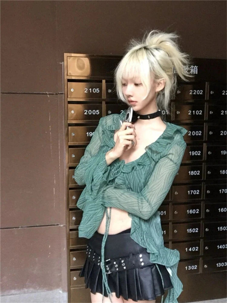 Japanese Y2k Lace Shirt Vintage 2000s Style Ruffles Blouses Grunge Aesthetics Irregular Green Shirts Retro 90s Sexy Cardigan