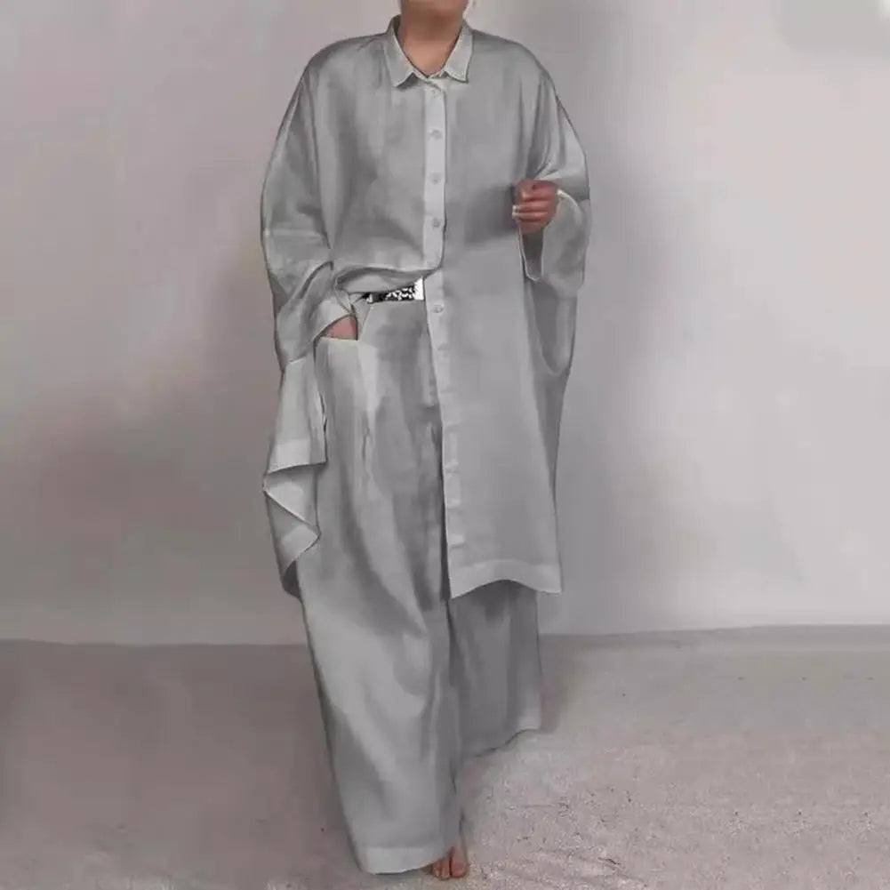 Women Wide Leg Pants Suit Elegant Women's Shirt Pants Set with Lapel Button-down Blouse Elastic Waist Trousers Chic for Fall