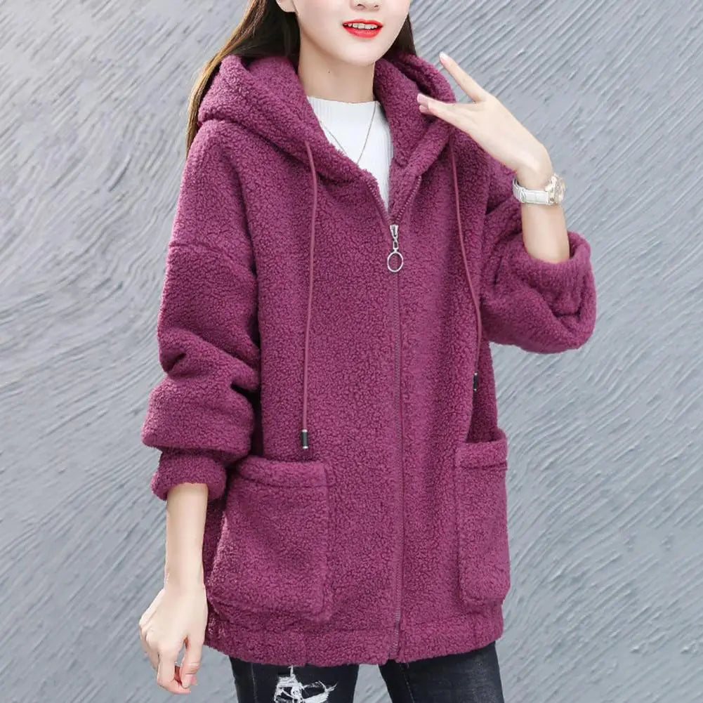 Trendy Lady Winter Coat Solid Color Drawstring Fleece Wear-resistant Women Jacket Women Jacket Winter Coat
