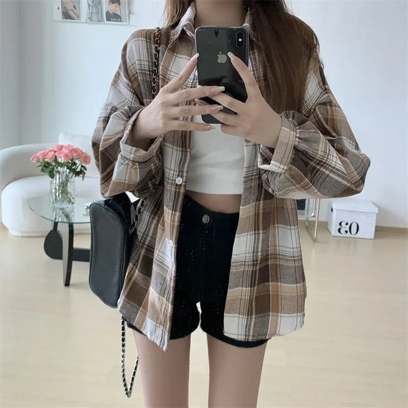 Plaid Shirt Women Autumn Long Sleeve Top Female Vintage Fashion Single Breasted Blouse Ladies Preppy Style Loose Check Shirts
