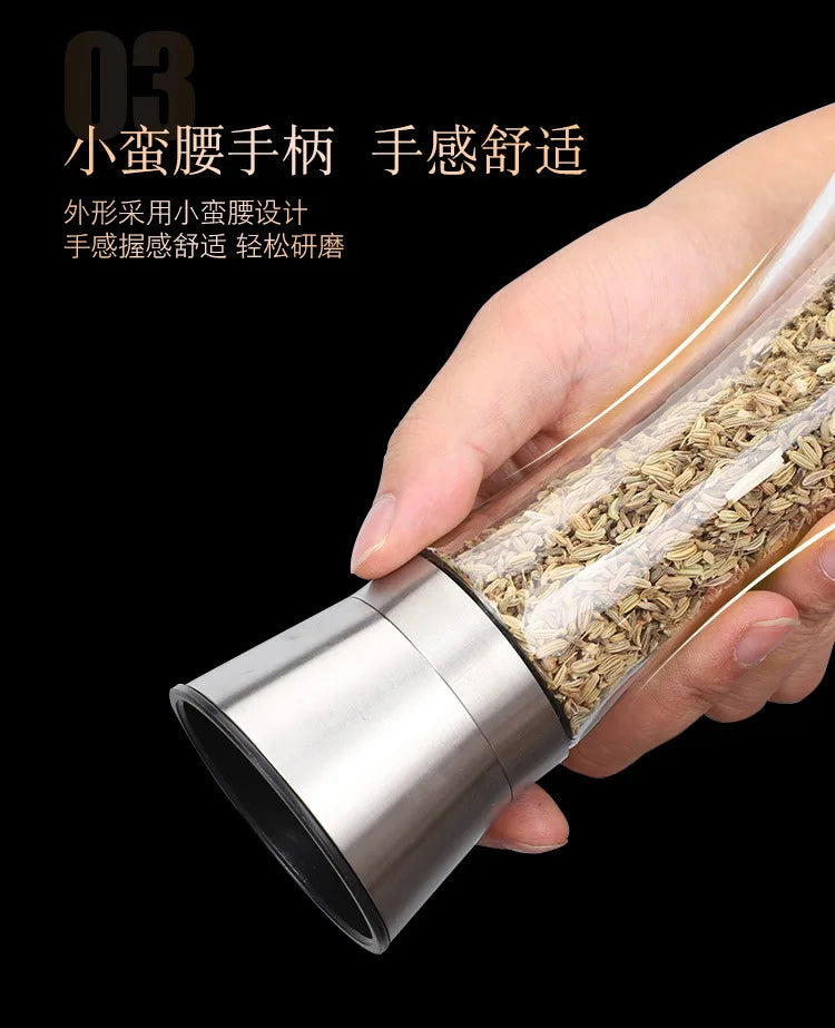 180/200ML Black Pepper Grinder with Stainless Steel Mill Manual Spice Glass Salt and Pepper Grinder Machine for Household