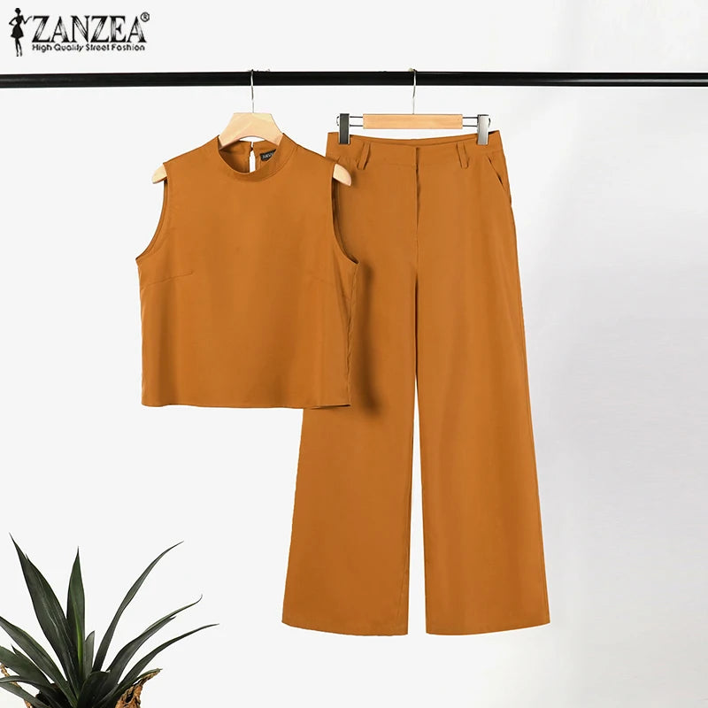 ZANZEA Elegant Women Matching Sets Summer Tracksuits Causal Pant Sets Sleeveless Blouse & Trousers Suit Fashion Outfits Oversize