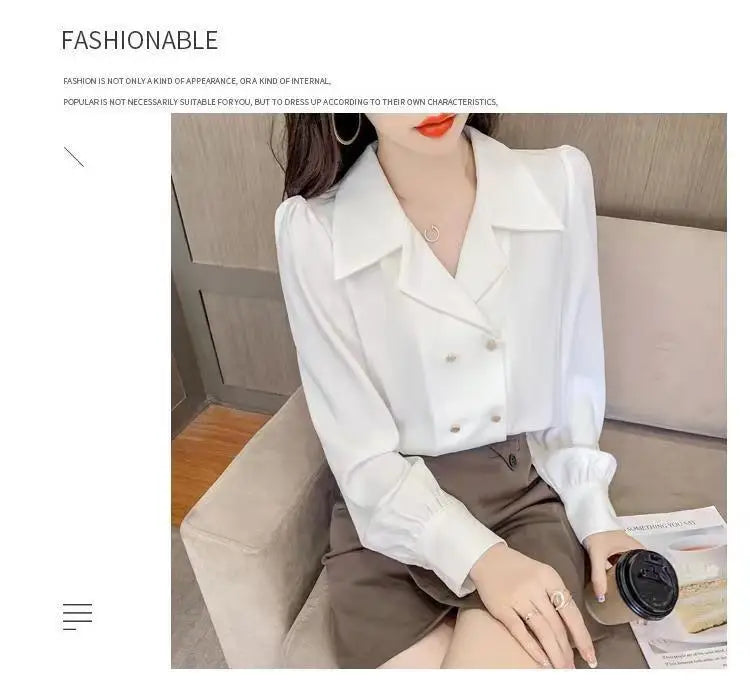 Double Breasted French Turn Down Collar Long-sleeve Solid Top Office Lady Shirt And Blouses Casual Woman Clothing Simple Elegant