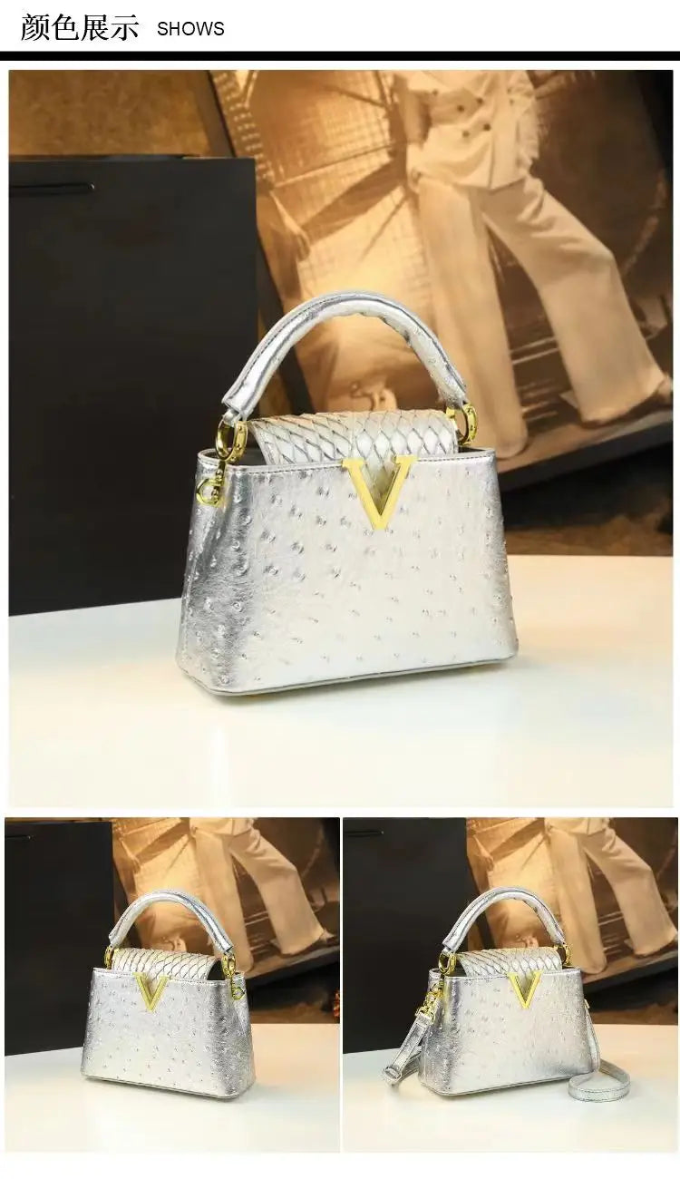 Fashion Luxury Leather Women's Handbags V Letter Small Shoulder Crossbody Bag Niche Ostrich Print Portable Messenger Shell Bags