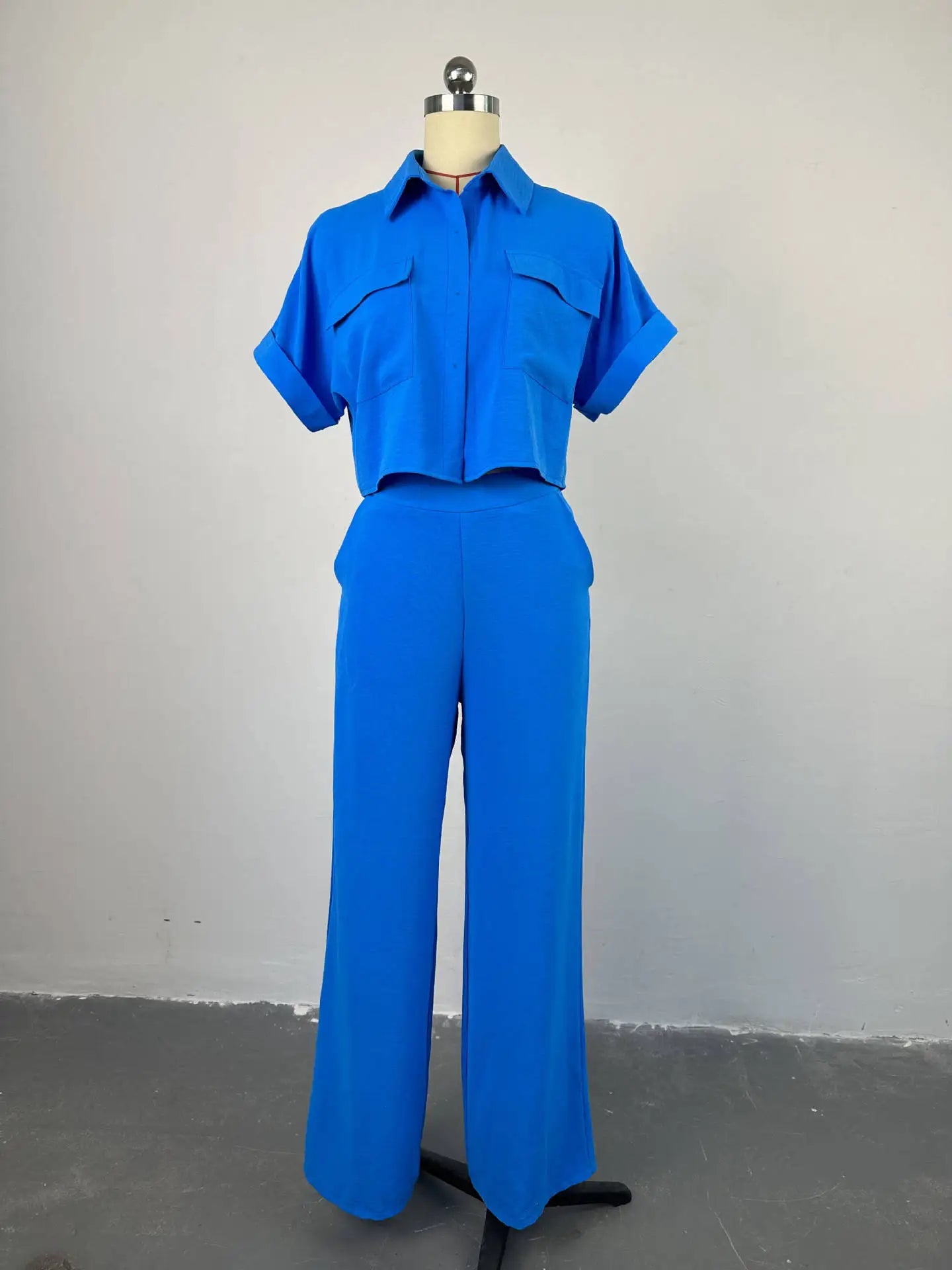Women's Two Piece Sets Spring Summer Casual Solid Turn-down Neck Short Sleeve Loose Top & Wide Leg Pants Set Streetwear Outfits