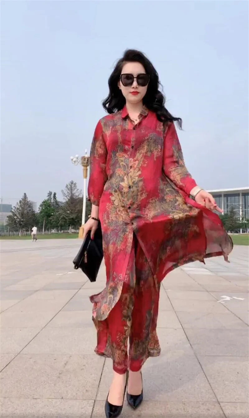 5XL Summer Sets Large Silk Wide Leg Trouser Set Women's Spring 2023 New Print Silk Fashion Slim Two Piece Set Female Elegant