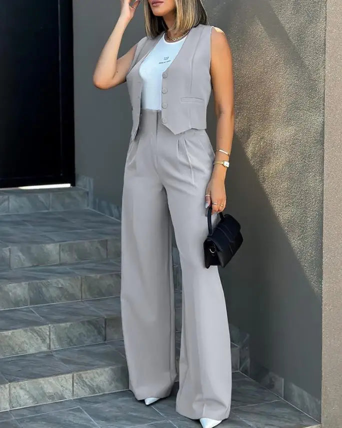 New 2024 Women's Summer Casual 2PCS Pants Sets Solid Vest +Pants Sets Elegant High Waist Wide Leg Outfits Women Matching Sets
