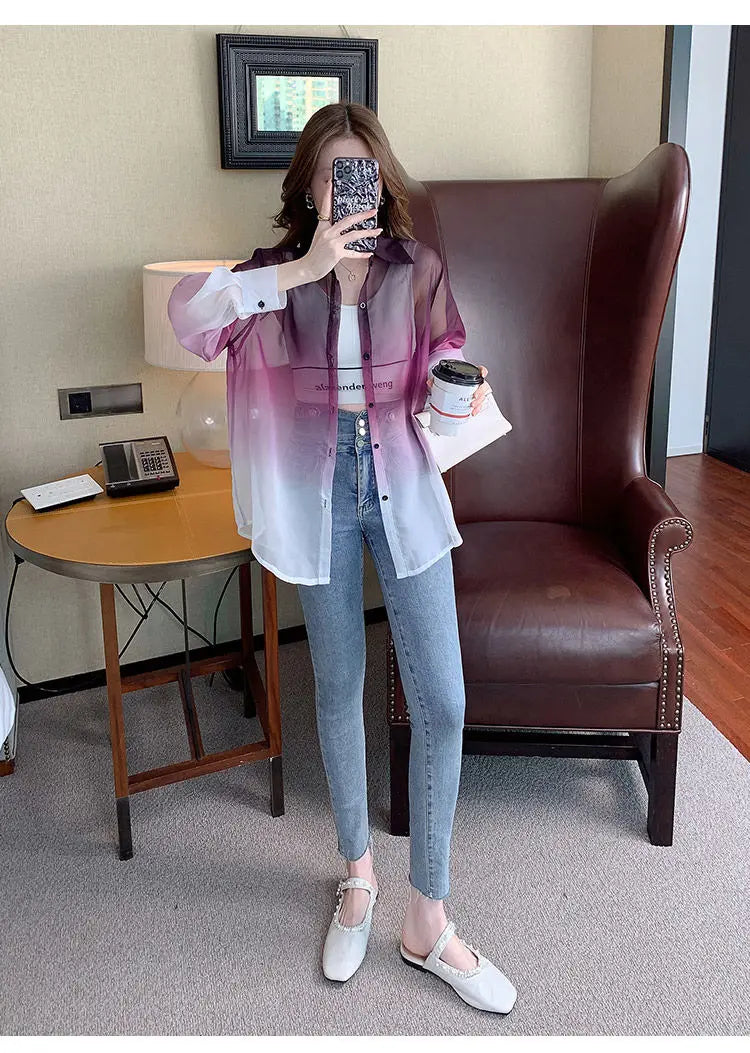 Shirts Women Gradient Loose Leisure Summer Sunscreen Lapel Thin Soft Designed Breathable Korean Fashion Clothing Office Lady New