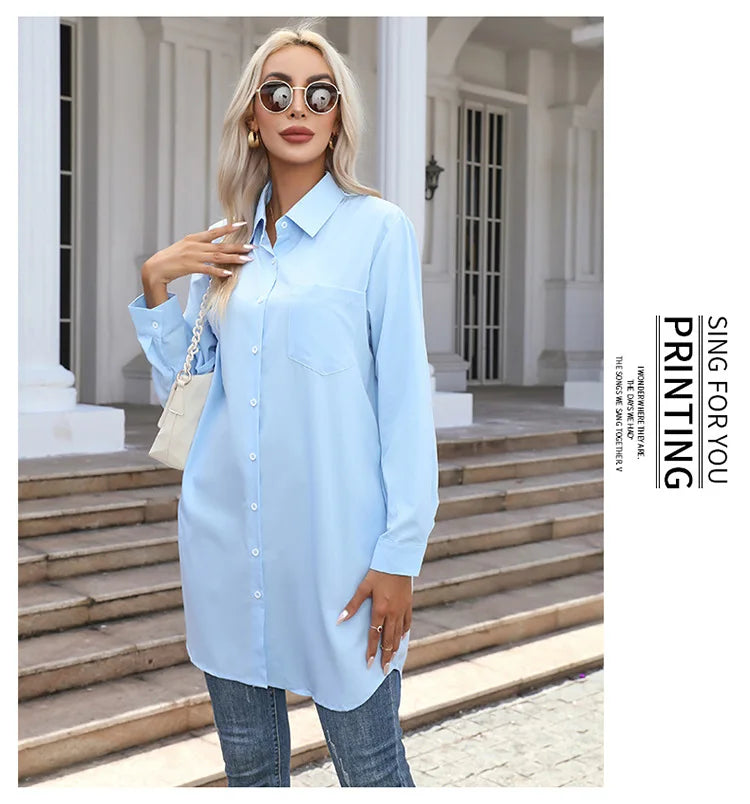 Long Shirt Women 2023 Vintage Pocket Shirts &Blouses Oversized Long Sleeve Blouse Fashion Women's Clothing Button Up Womens Tops