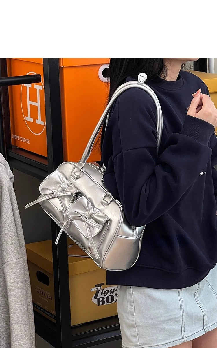 Xiuya Silver Pleated Womens Shoulder Bag Elegant Gentle Korean Fashion Leather Handbag Bow Sweet New Simple Ladies Boston Bag