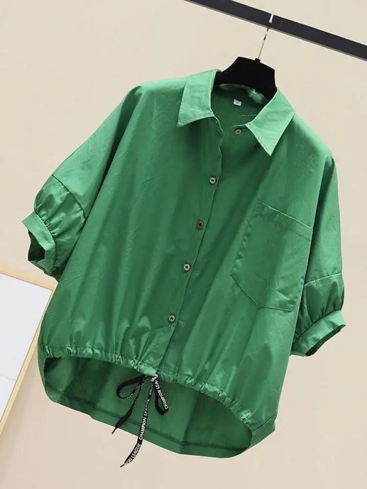 Summer New Bat Sleeve Pockets Shirt Women Loose Casual Short Sleeve Blouse Solid Lace Up Tops Half Shirts Lady High Street Trend