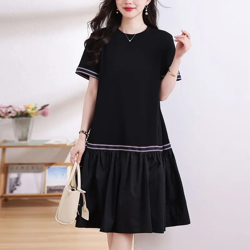 2024 New Fashion All-match Short Sleeve Dresses Ladies Pleated O-neck Women's Clothing Summer Elegant Pullovers A-line Skirt