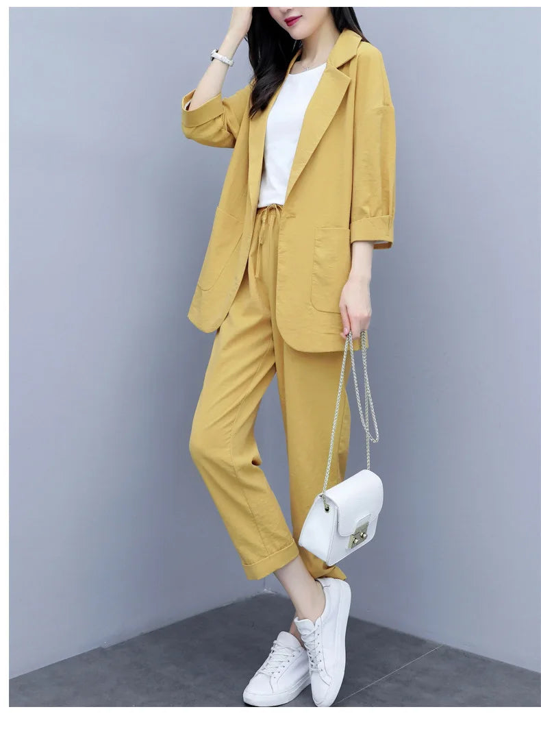 Spring and Autumn New Fashion Plus Size Women's Three Piece Suit Cotton Blended Single Button Coat Nine Point Pants Office