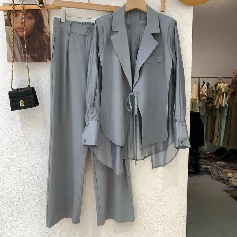 Summer New Hollow Sun Protection Chiffon Shirt Blazer Wide Leg Pants Two Piece Set Elegant Women's Pants Set Office Outfits