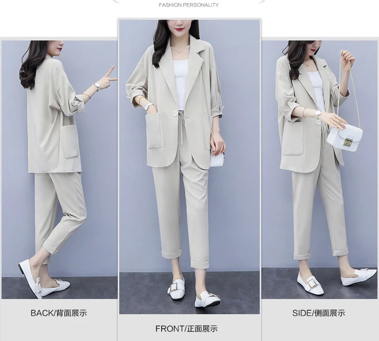 Spring and Autumn New Fashion Plus Size Women's Three Piece Suit Cotton Blended Single Button Coat Nine Point Pants Office