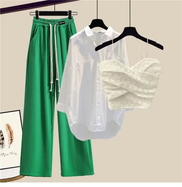 2023 Summer New Wide Free Casual Wide Leg Trousers White Shirt Wave Bra Vest Three Piece Elegant Women's Pants Set Tracksuit