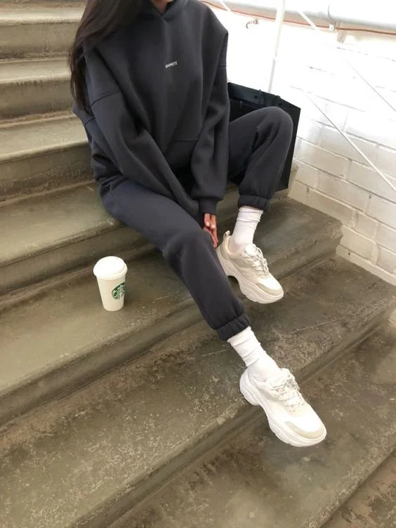 Autumn Hoodie Two Piece Sets Casual Long Sleeve Sweatshirts and Trousers Fleece Warm Two Piece Sets Lady Suit Women's Tracksuit