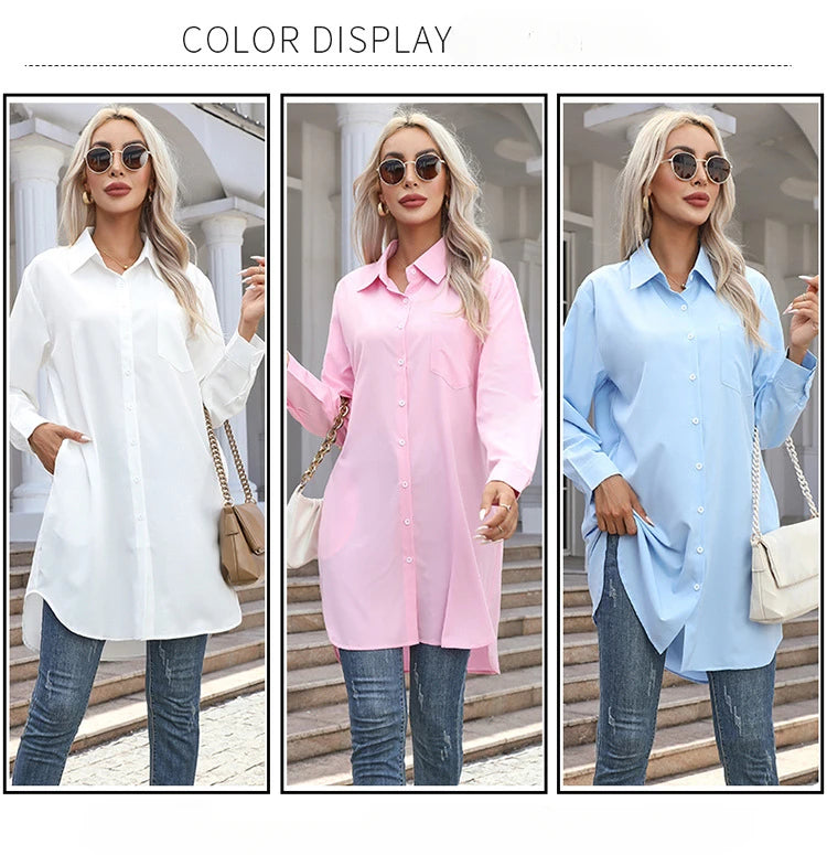 Long Shirt Women 2023 Vintage Pocket Shirts &Blouses Oversized Long Sleeve Blouse Fashion Women's Clothing Button Up Womens Tops