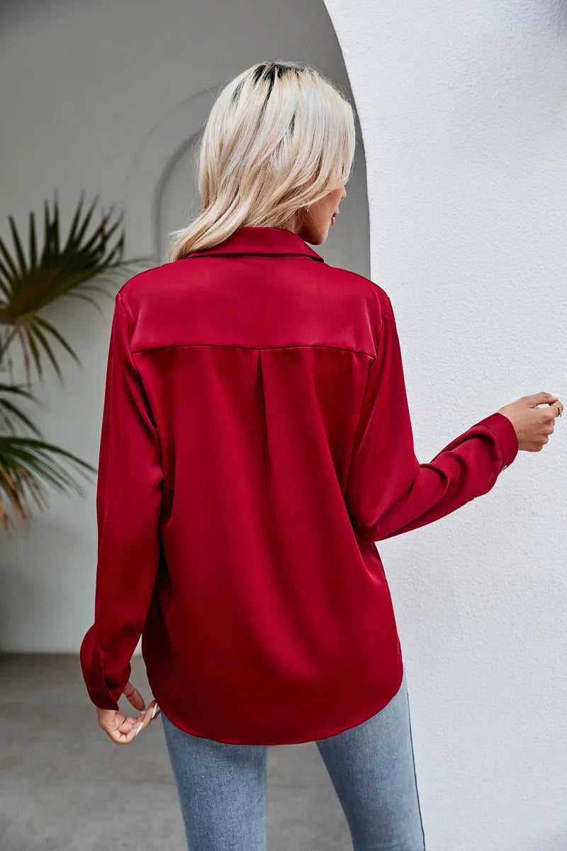 Casual Chiffon Blouse Tops Spring Summer V Neck Long Sleeve Hide Button Loose OL Workwear Business Blouse Shirts ARJ-004