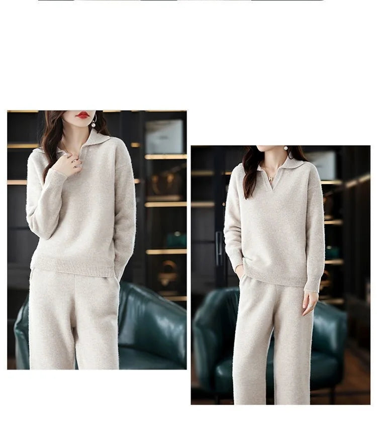 Knitted Suit Women's 2024 New Fashion Autumn Winter Long-sleeved Lapel Sweater+Wide leg pants Female Loose Casual Two-piece Sets