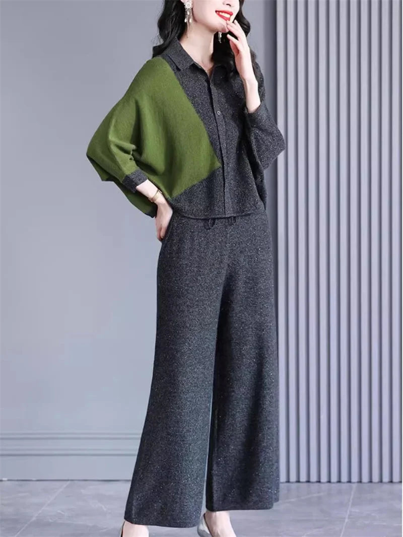 Self Made Knitted Two-piece Set for Women's 2024 Spring Clothing Set Socialite Temperament Wide Leg Pants Sweater Set Commuting