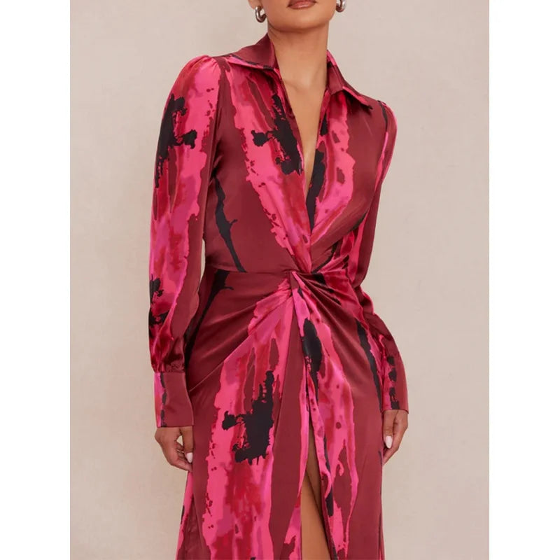 2024 Autumn Women's V-neck Printed Long Sleeve Flip Collar High Waist Split Evening Dress Long Skirt
