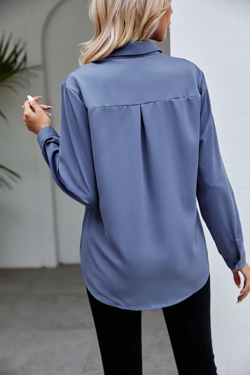 Casual Chiffon Blouse Tops Spring Summer V Neck Long Sleeve Hide Button Loose OL Workwear Business Blouse Shirts ARJ-004